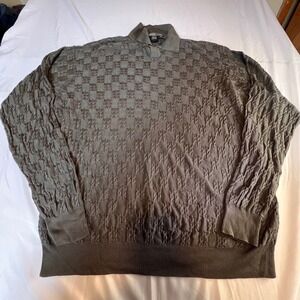 Cullen Large Silk Polo Sweater Mens Olive Green Checkerboard‎ Cable Knit Luxury